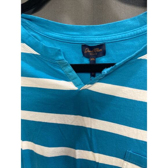 GoodMan Brand Stripe Shirt Short Sleeve Single Pocket Turquoise White XXL (b32) - Picture 4 of 6